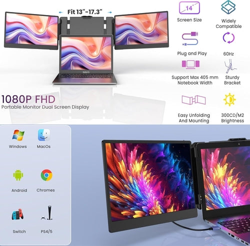 Laptop Screen Extender 14 Inch FHD IPS Portable Dual Triple Monitor